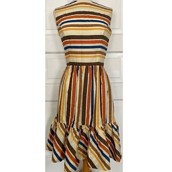 True Vintage MCM 1950s Rainbow Stripe Ruffle Midi Pin-Up Gal Sun Dress - Picture 4 of 8